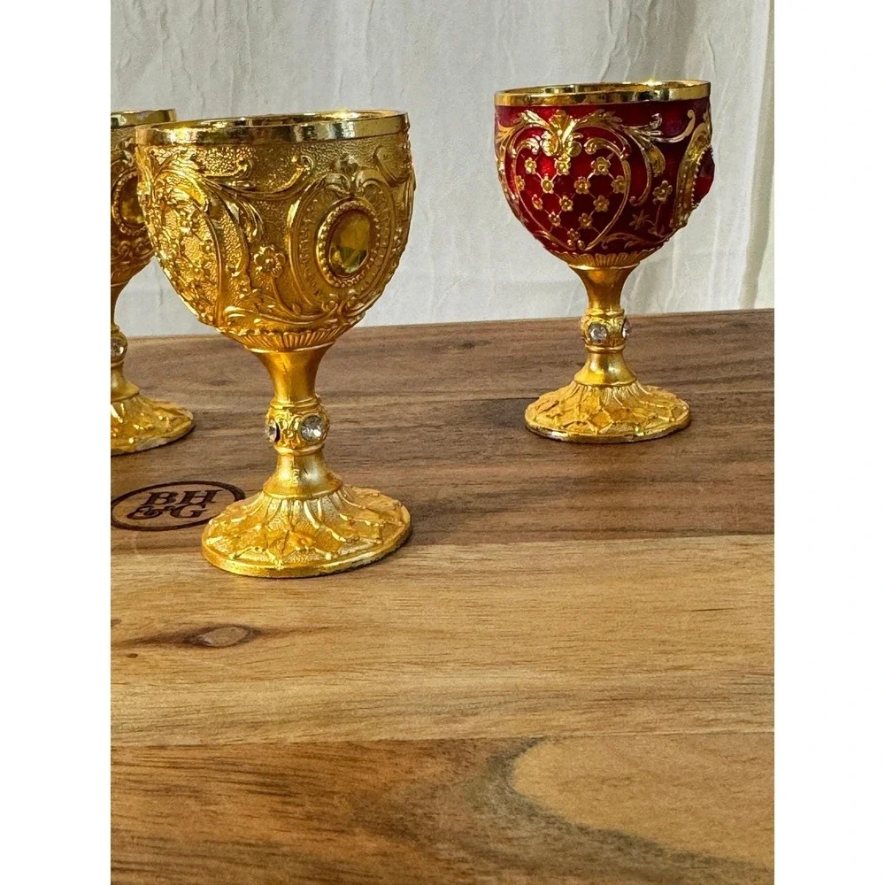 Vintage Ornate Mini Chalice Set 4 Small Gold Red Baroque Filigree Rhinestone 3in